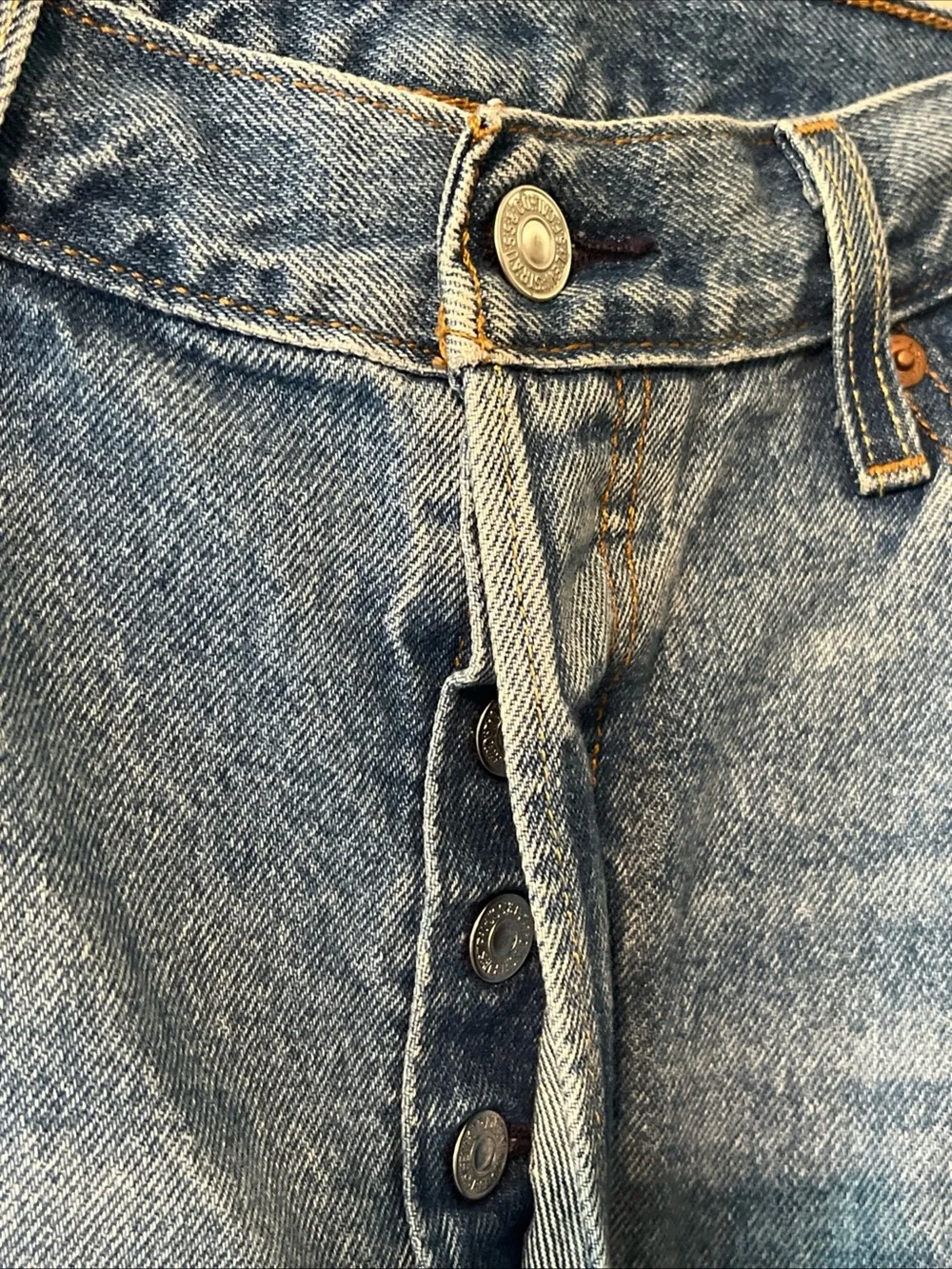 Men’s Levi Strauss 501 32X30 Distressed Button Fly Straight Leg Blue Denim Jeans